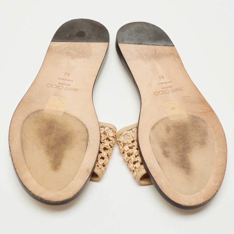 Pre Owned Jimmy Choo Beige Leather and Raffia Flat Slides Size 38