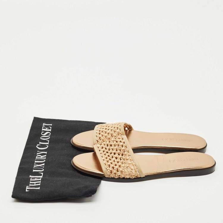 Pre Owned Jimmy Choo Beige Leather and Raffia Flat Slides Size 38