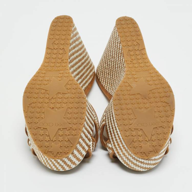 Pre Owned Jimmy Choo Beige Raffia and Suede Crisscross Wedge Sandals Size 37.5