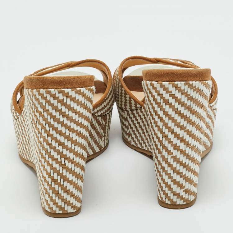 Pre Owned Jimmy Choo Beige Raffia and Suede Crisscross Wedge Sandals Size 37.5