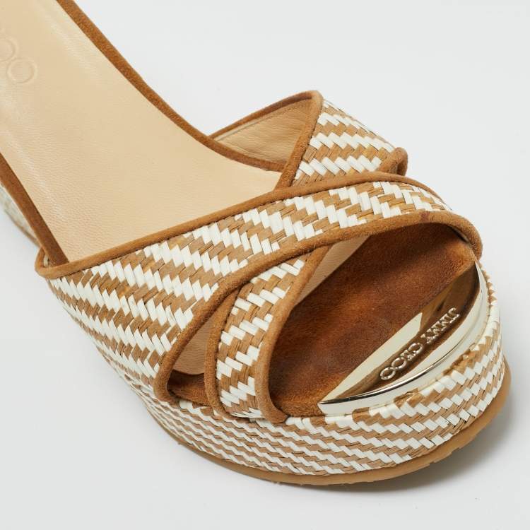 Pre Owned Jimmy Choo Beige Raffia and Suede Crisscross Wedge Sandals Size 37.5