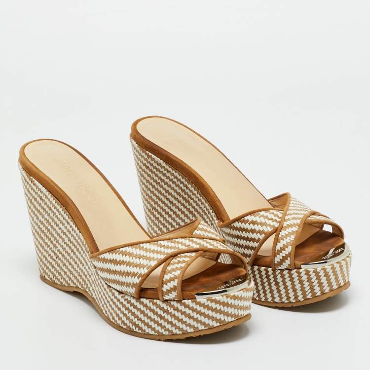 Pre Owned Jimmy Choo Beige Raffia and Suede Crisscross Wedge Sandals Size 37.5