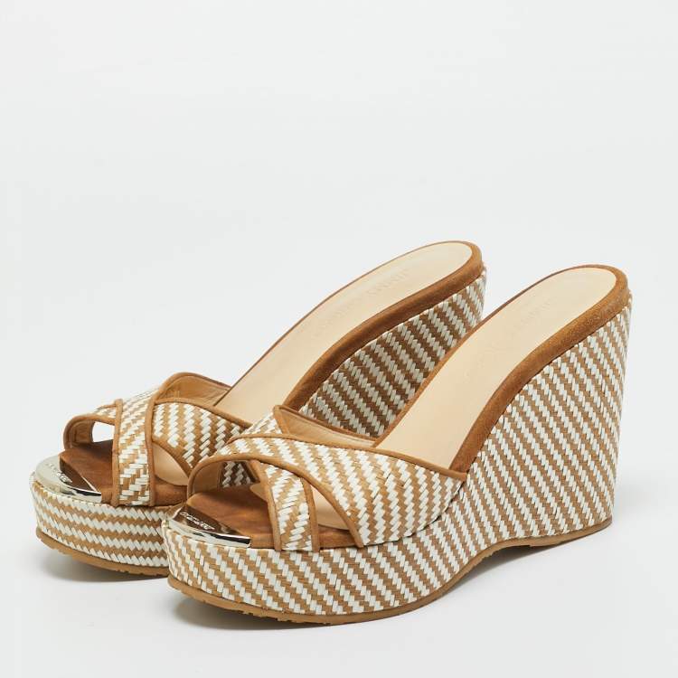 Pre Owned Jimmy Choo Beige Raffia and Suede Crisscross Wedge Sandals Size 37.5