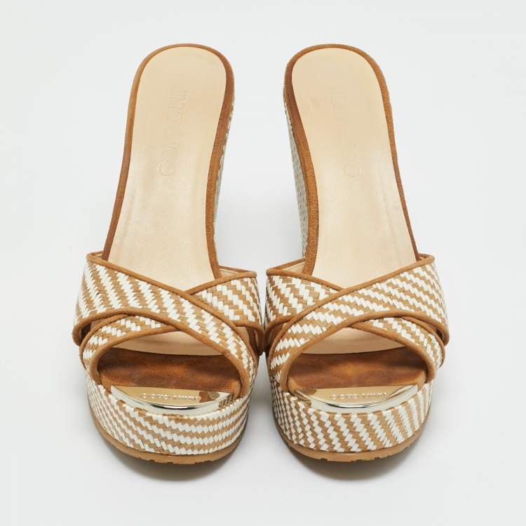 Pre Owned Jimmy Choo Beige Raffia and Suede Crisscross Wedge Sandals Size 37.5