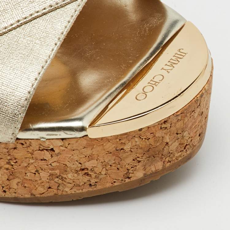 Pre Owned Jimmy Choo Gold Coated Fabric Cork Platform Wedge Sandals Size 36