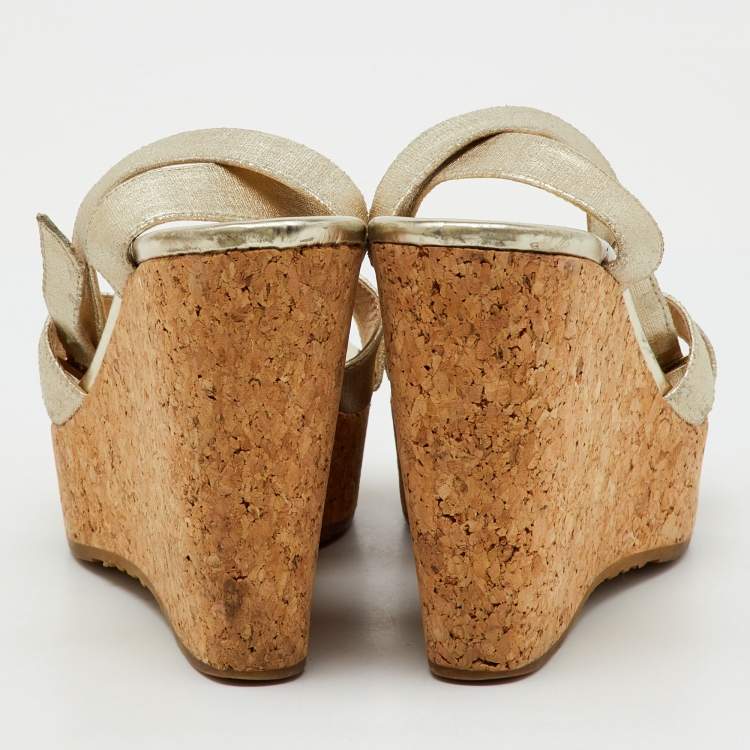 Pre Owned Jimmy Choo Gold Coated Fabric Cork Platform Wedge Sandals Size 36
