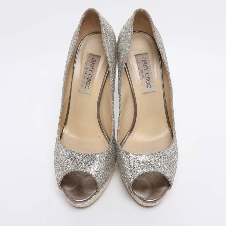 Pre Owned Jimmy Choo Metallic Silver/Gold Lamé Fabric And Glitter Dahlia Platform Pumps Size 40