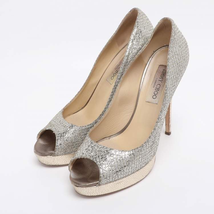 Pre Owned Jimmy Choo Metallic Silver/Gold Lamé Fabric And Glitter Dahlia Platform Pumps Size 40