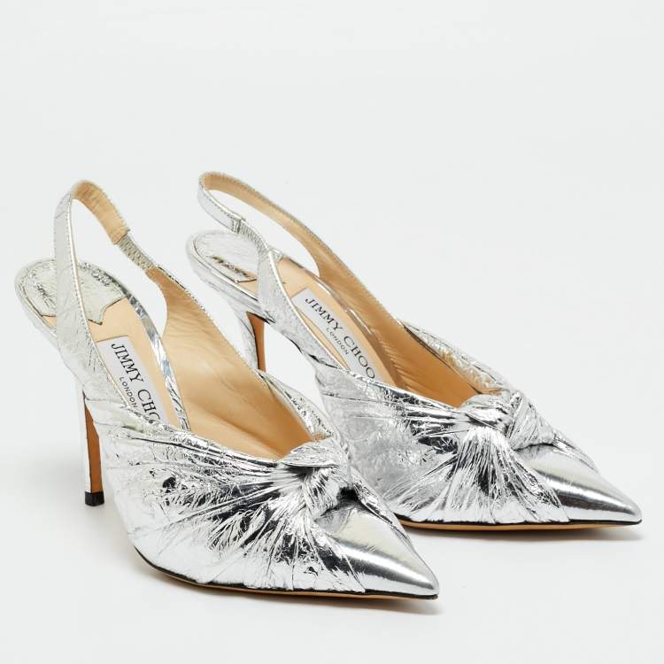 Pre Owned Jimmy Choo Silver Foil Leather annabell Slingback Pumps Size 36.5