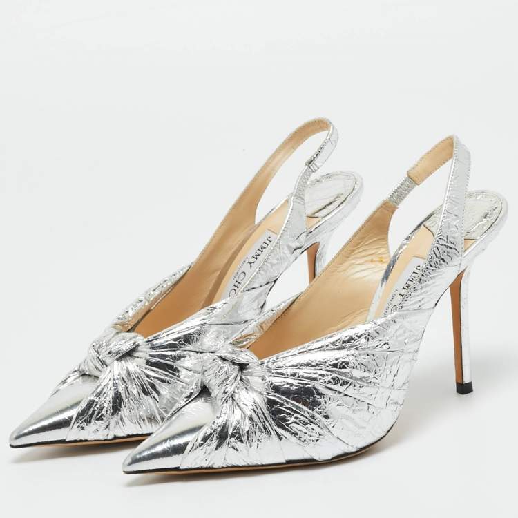 Pre Owned Jimmy Choo Silver Foil Leather annabell Slingback Pumps Size 36.5