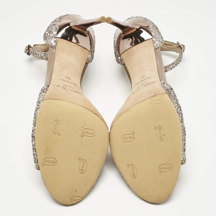 Pre Owned Jimmy Choo Metallic Coarse Glitter Annie Peep Toe Ankle Strap Sandals Size 39
