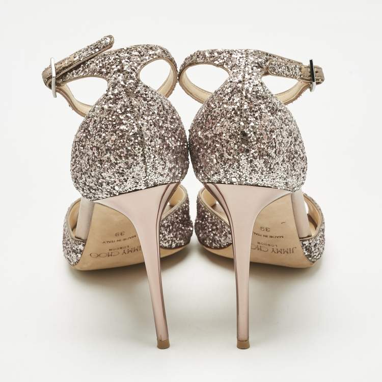 Pre Owned Jimmy Choo Metallic Coarse Glitter Annie Peep Toe Ankle Strap Sandals Size 39