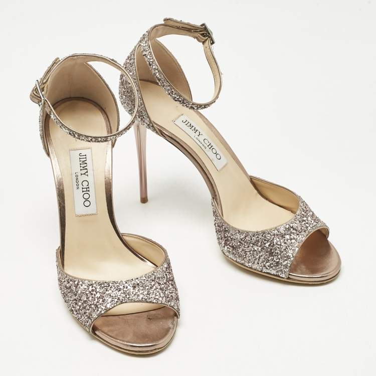 Pre Owned Jimmy Choo Metallic Coarse Glitter Annie Peep Toe Ankle Strap Sandals Size 39