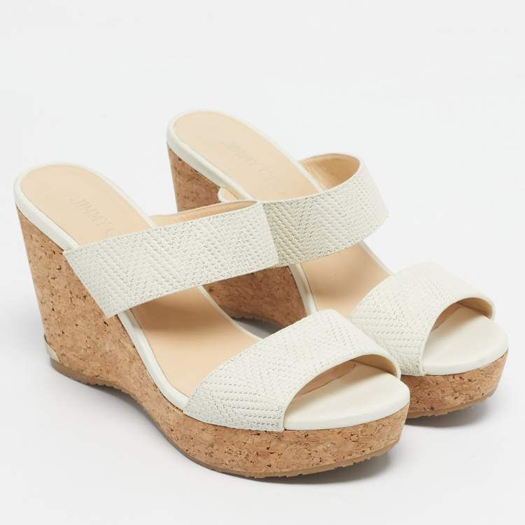 Pre Owned Jimmy Choo Cream Leather Prima Wedge Sandals Size 39.5
