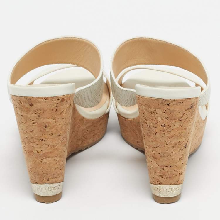 Pre Owned Jimmy Choo Cream Leather Prima Wedge Sandals Size 39.5