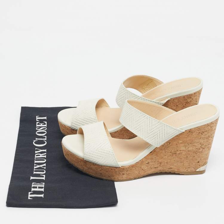 Pre Owned Jimmy Choo Cream Leather Prima Wedge Sandals Size 39.5