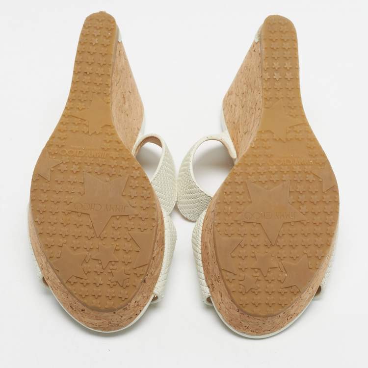 Pre Owned Jimmy Choo Cream Leather Prima Wedge Sandals Size 39.5