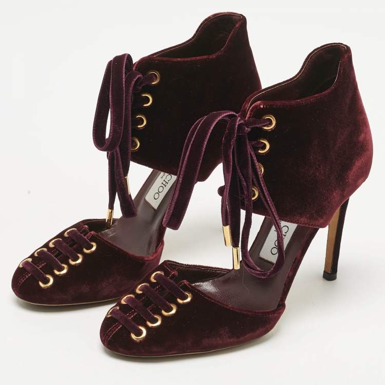 Pre Owned Jimmy Choo Burgundy Velvet Mari Lace Up Pumps Size 36