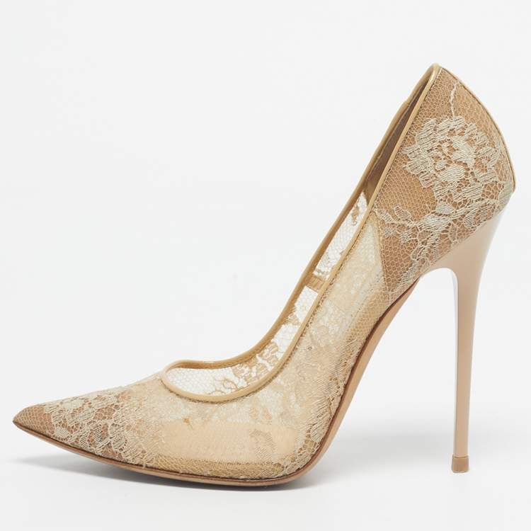 Pre Owned Jimmy Choo Beige Lace Abel Pumps Size 38.5