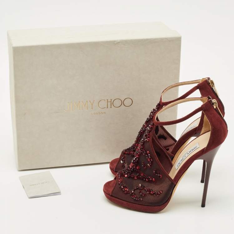 Pre Owned Jimmy Choo Burgundy Mesh and Suede Crystal Embellished Ankle Strap Sandals Size 37.5