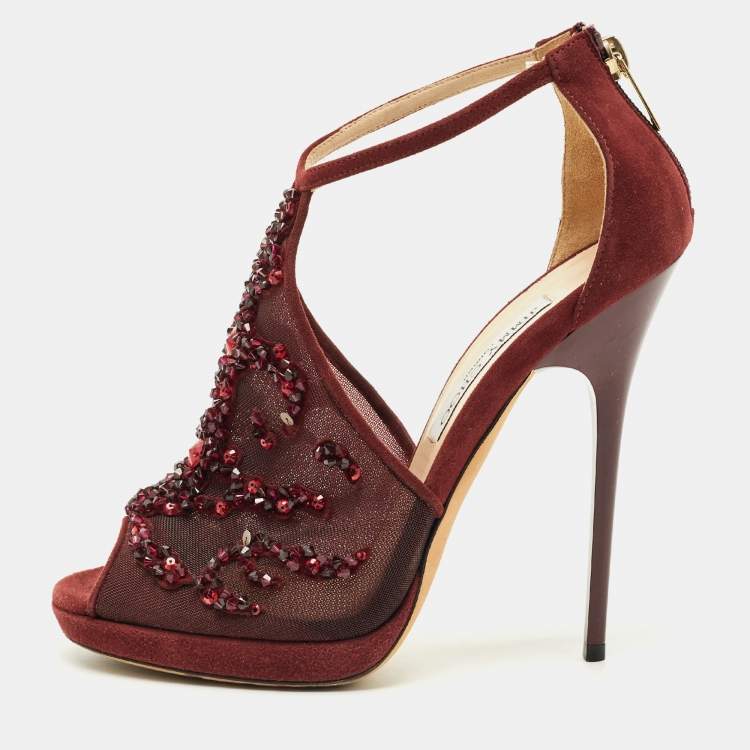 Pre Owned Jimmy Choo Burgundy Mesh and Suede Crystal Embellished Ankle Strap Sandals Size 37.5