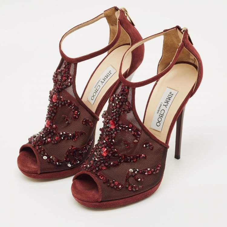 Pre Owned Jimmy Choo Burgundy Mesh and Suede Crystal Embellished Ankle Strap Sandals Size 37.5