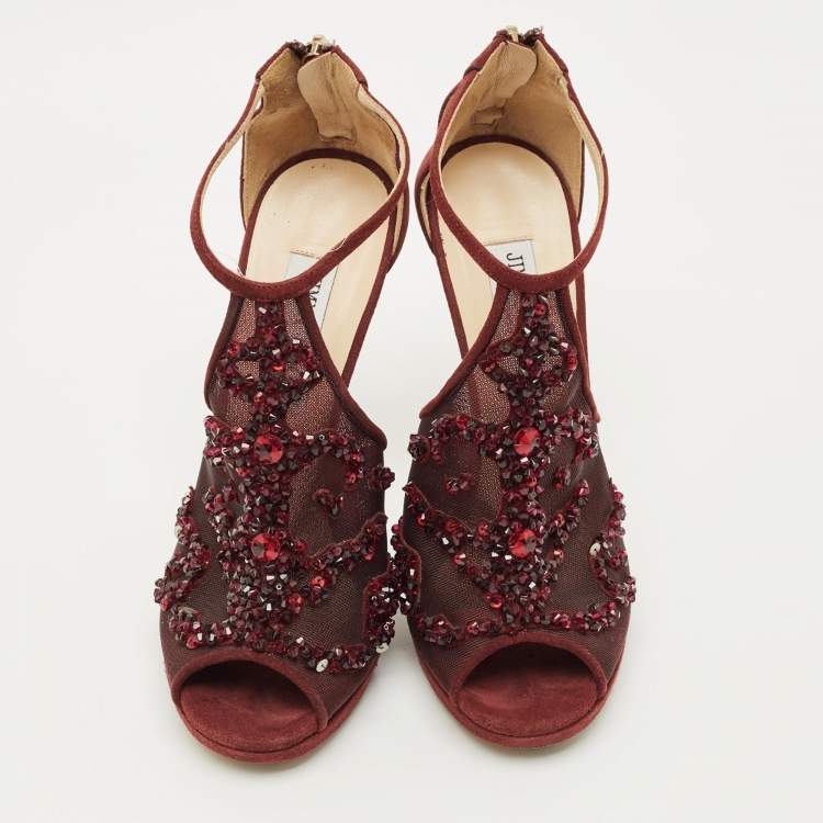 Pre Owned Jimmy Choo Burgundy Mesh and Suede Crystal Embellished Ankle Strap Sandals Size 37.5
