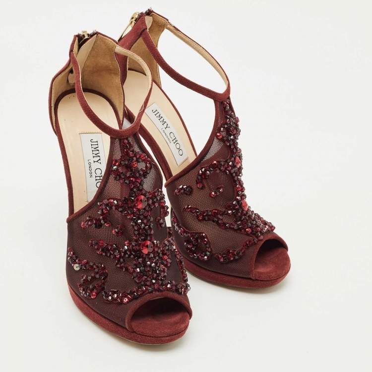 Pre Owned Jimmy Choo Burgundy Mesh and Suede Crystal Embellished Ankle Strap Sandals Size 37.5