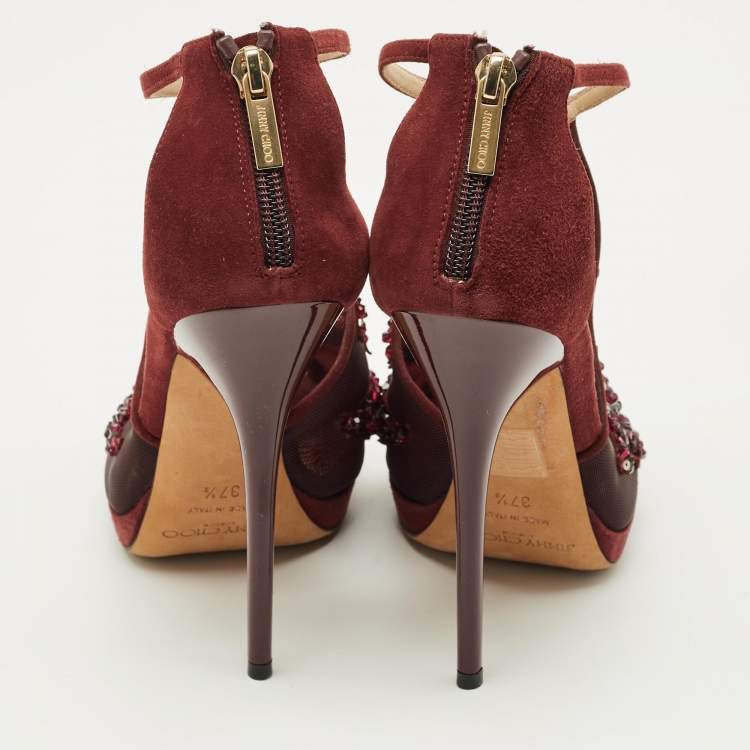Pre Owned Jimmy Choo Burgundy Mesh and Suede Crystal Embellished Ankle Strap Sandals Size 37.5