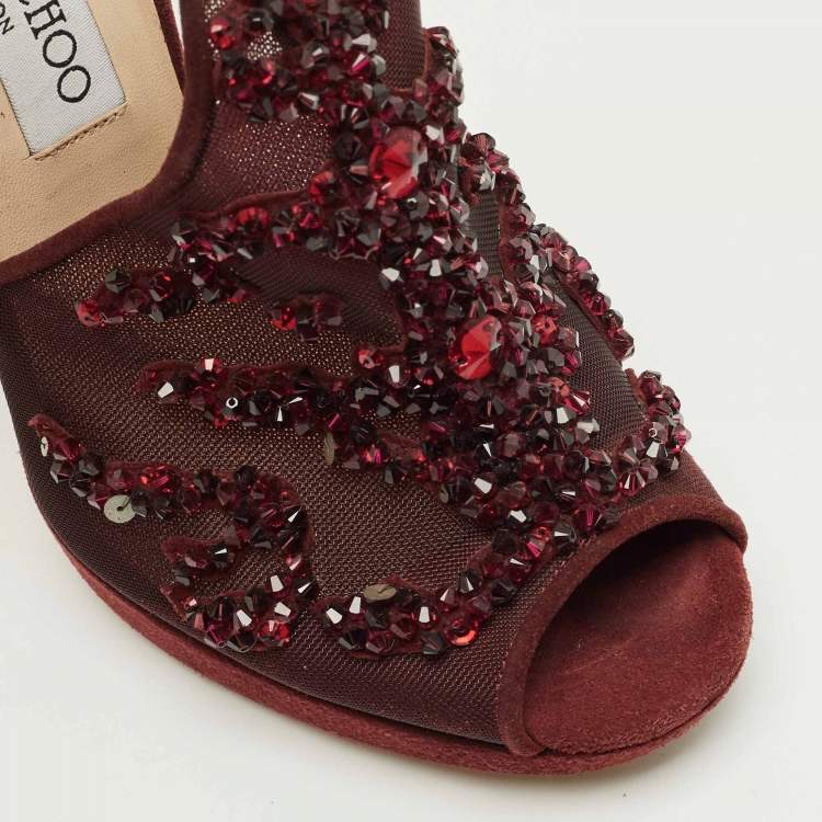 Pre Owned Jimmy Choo Burgundy Mesh and Suede Crystal Embellished Ankle Strap Sandals Size 37.5