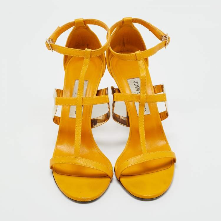 Pre Owned Jimmy Choo Yellow Leather T Strap Sandals Size 38.5