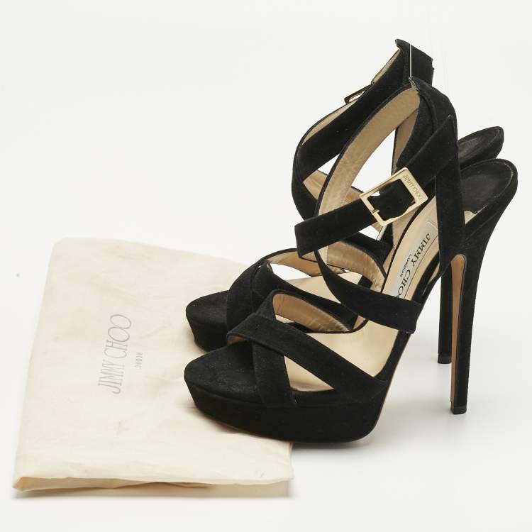Pre Owned Jimmy Choo Black Suede Louise Crisscross Platform Sandals Size 38