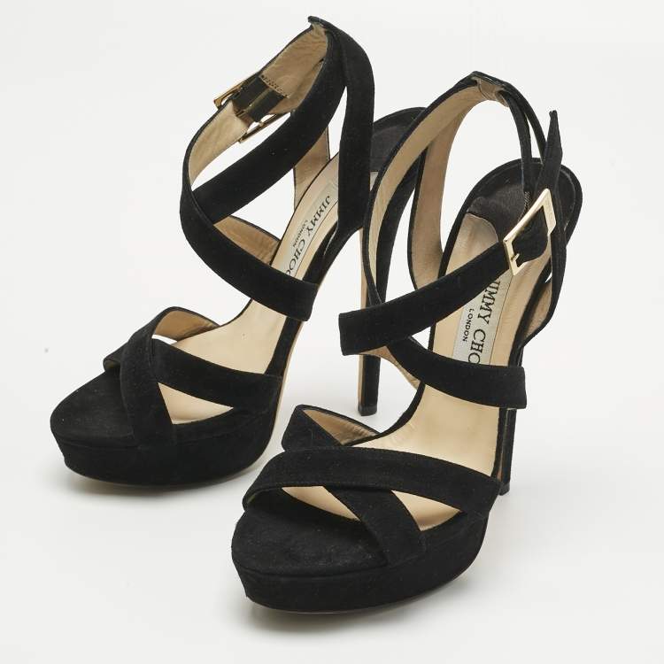 Pre Owned Jimmy Choo Black Suede Louise Crisscross Platform Sandals Size 38