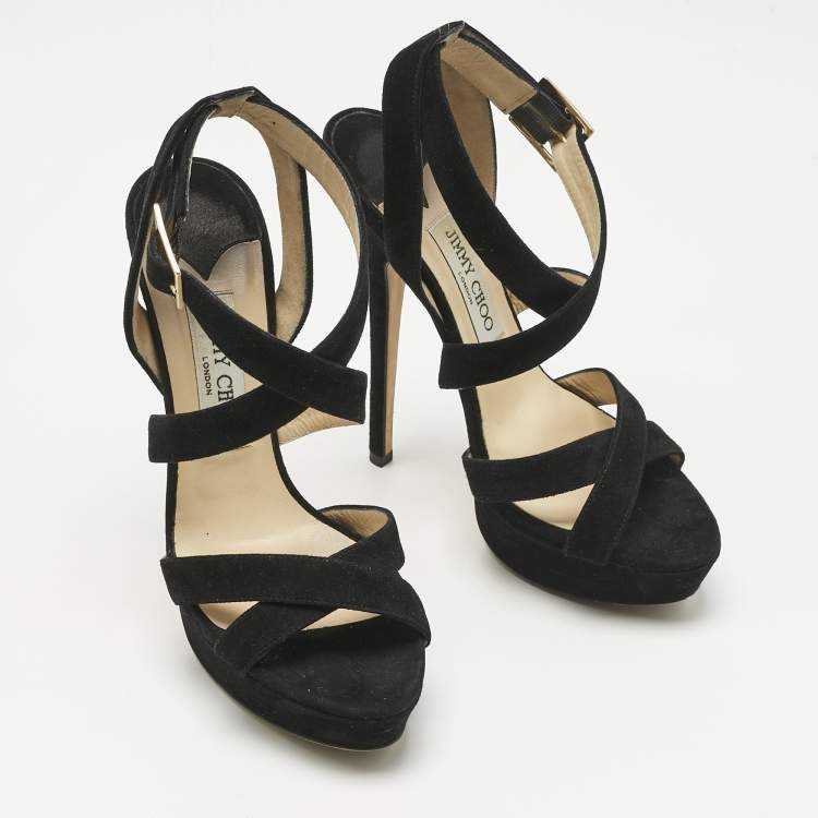 Pre Owned Jimmy Choo Black Suede Louise Crisscross Platform Sandals Size 38