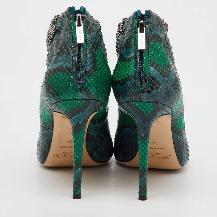 Pre Owned Jimmy Choo Green/Blue Snakeskin Vamp Crystal Embellished Ankle Strap Pumps Size 38