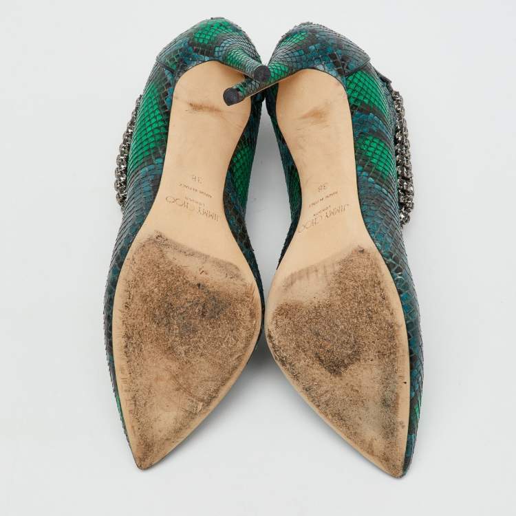 Pre Owned Jimmy Choo Green/Blue Snakeskin Vamp Crystal Embellished Ankle Strap Pumps Size 38