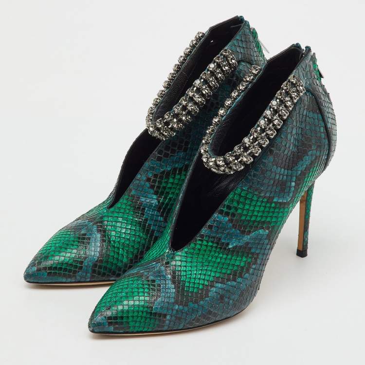 Pre Owned Jimmy Choo Green/Blue Snakeskin Vamp Crystal Embellished Ankle Strap Pumps Size 38
