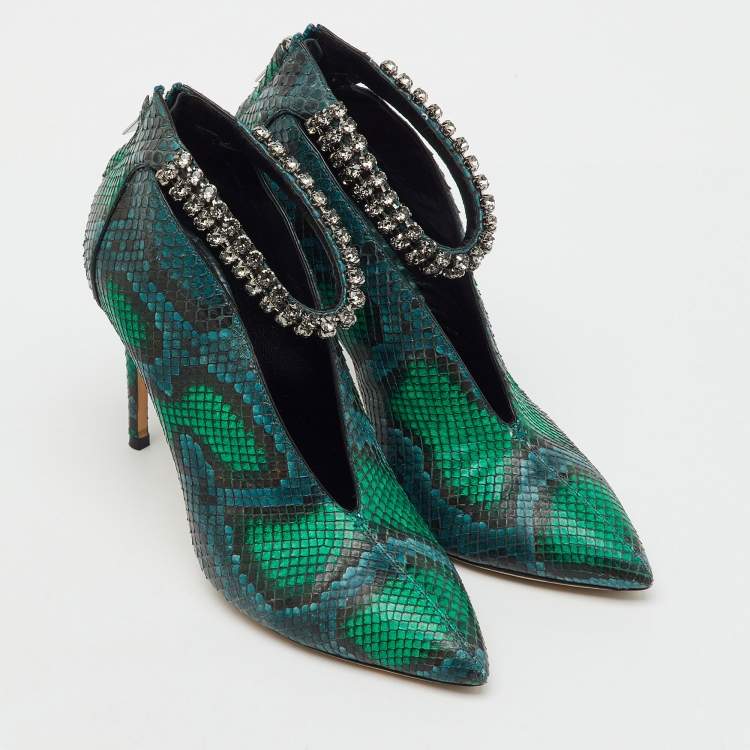 Pre Owned Jimmy Choo Green/Blue Snakeskin Vamp Crystal Embellished Ankle Strap Pumps Size 38
