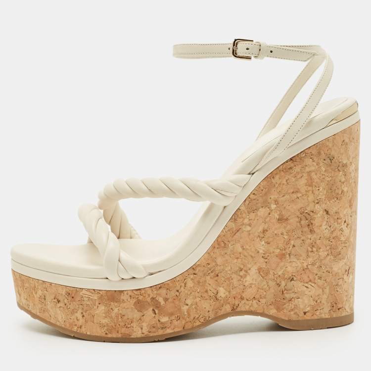 Pre Owned Jimmy Choo Cream Leather Diosa Wedge Sandals Size 40