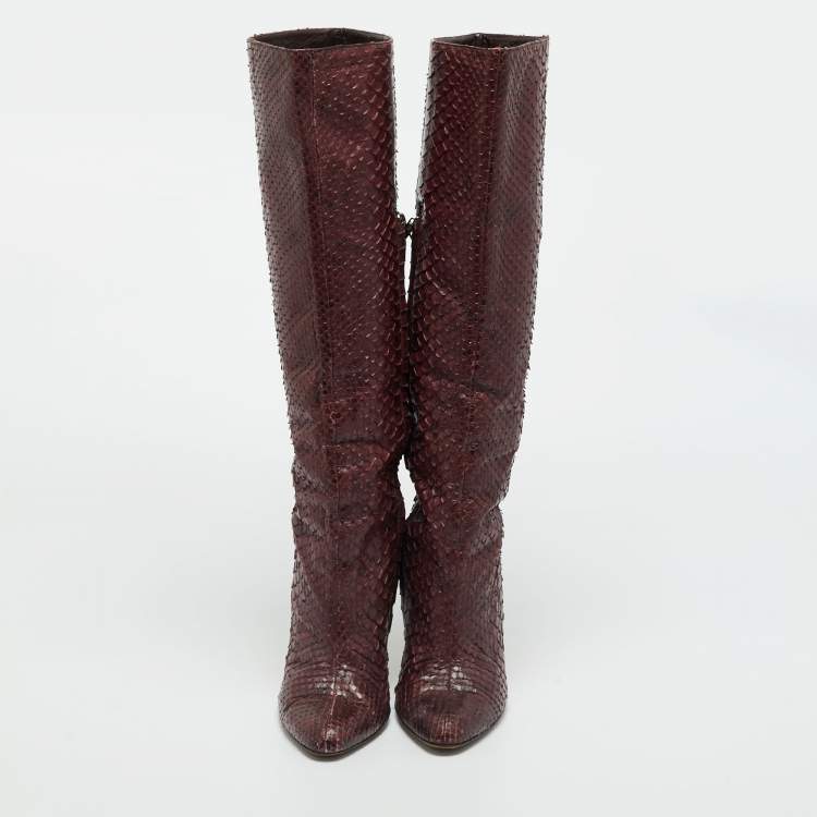 Pre Owned Jimmy Choo Burgundy Python Leather Knee High Boots Size 39