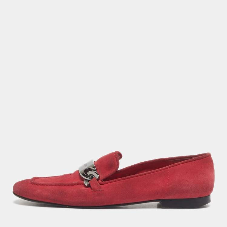 Pre Owned Jimmy Choo Red Suede Logo Slip On Loafers Size 38