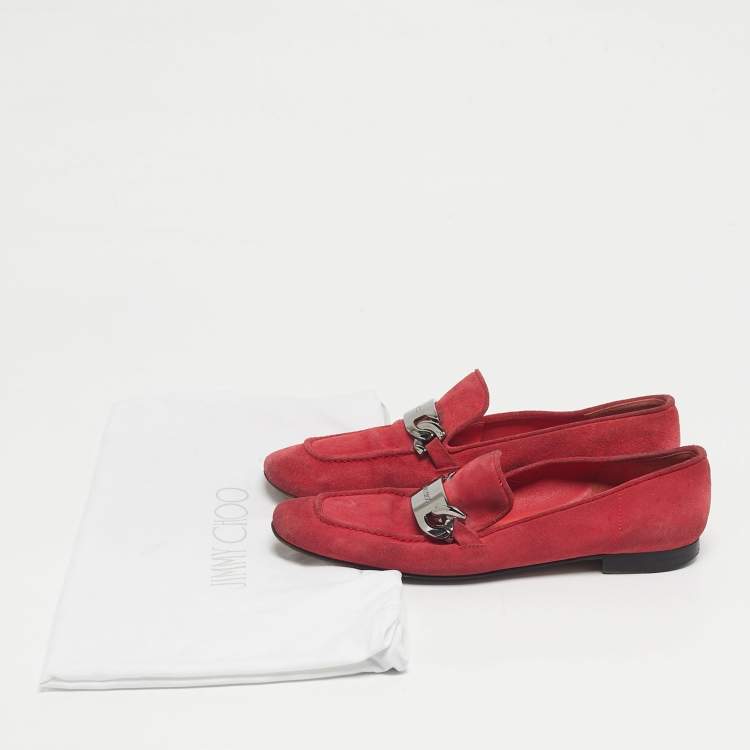 Pre Owned Jimmy Choo Red Suede Logo Slip On Loafers Size 38