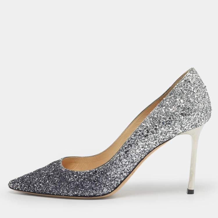 Pre Owned Jimmy Choo Navy Blue/Silver Coarse Glitter Romy Pointed Toe Pumps Size 38