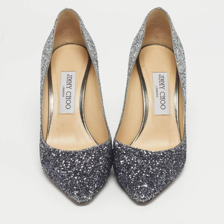 Pre Owned Jimmy Choo Navy Blue/Silver Coarse Glitter Romy Pointed Toe Pumps Size 38