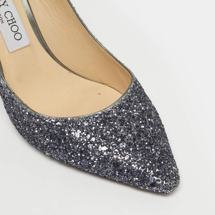 Pre Owned Jimmy Choo Navy Blue/Silver Coarse Glitter Romy Pointed Toe Pumps Size 38