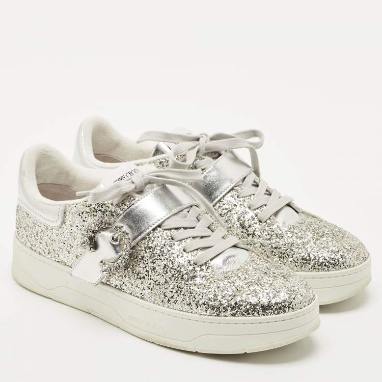 Pre Owned Jimmy Choo Silver Glitter and Leather Osaka Sneakers Size 41 