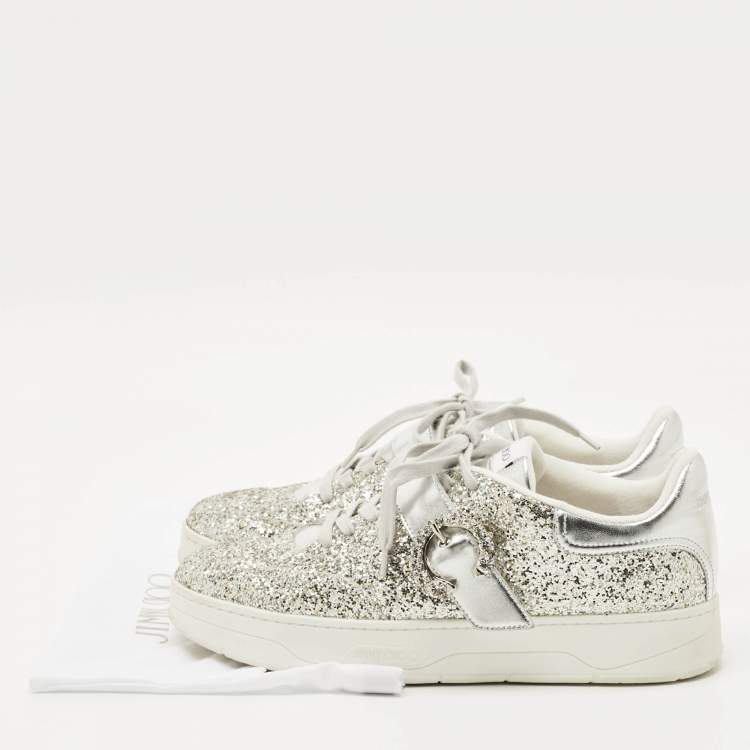 Pre Owned Jimmy Choo Silver Glitter and Leather Osaka Sneakers Size 41 
