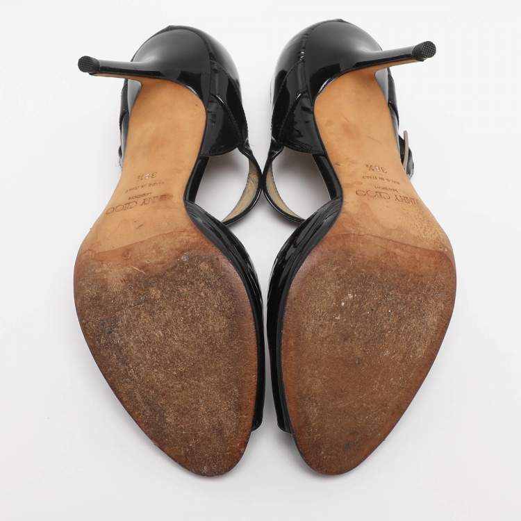 Pre Owned Jimmy Choo Black Patent Leather Ankle Strap Pumps Size 38.5
