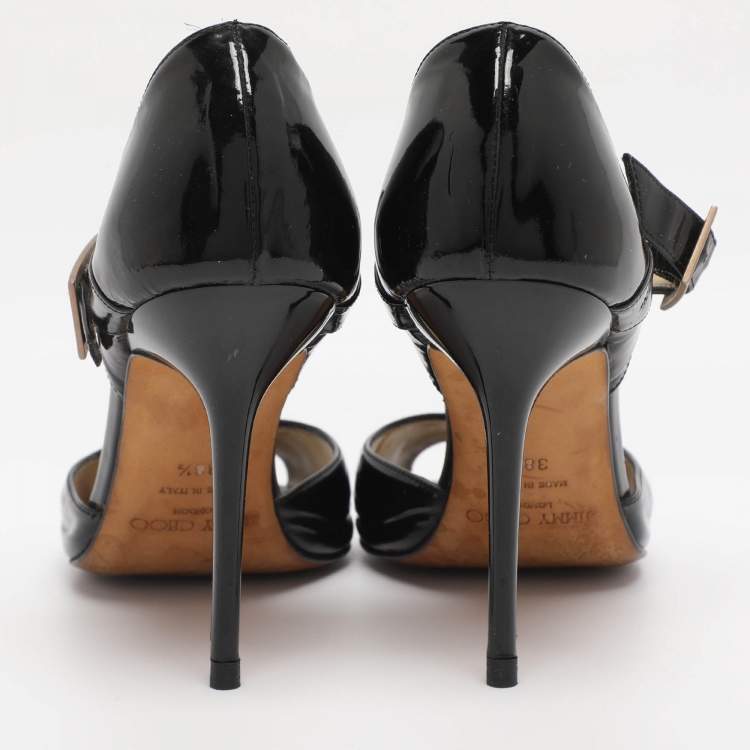 Pre Owned Jimmy Choo Black Patent Leather Ankle Strap Pumps Size 38.5