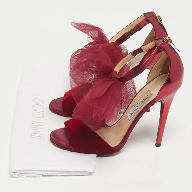 Pre Owned Jimmy Choo Metallic Velvet and Leather Ankle Strap Sandals Size 39
